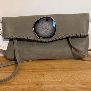 Suede Wristlet Clutch with Agate Accent - Gray